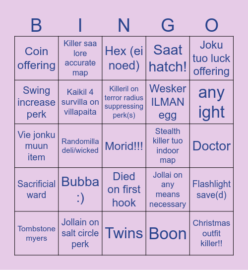 Dead by Daylight Bingo Card