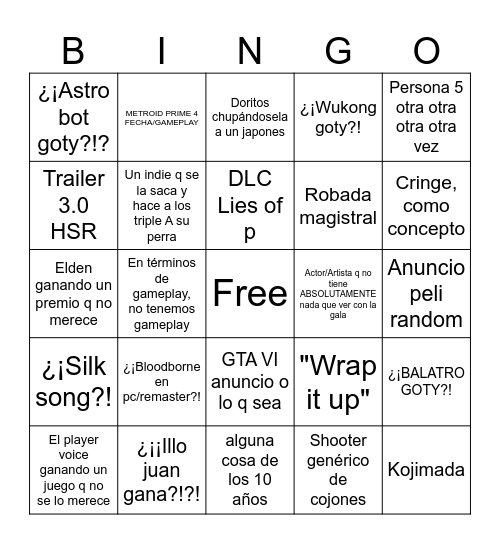 Bingo de los GOTY del Jonas Bingo Card