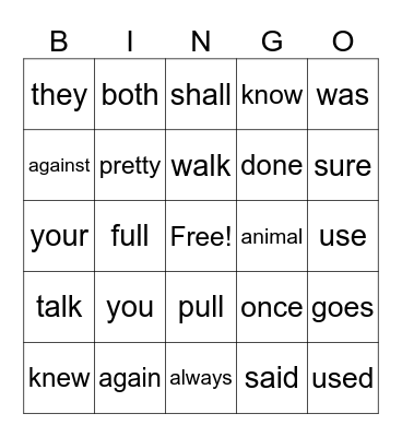 Trick Word Bingo Card