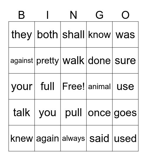 Trick Word Bingo Card