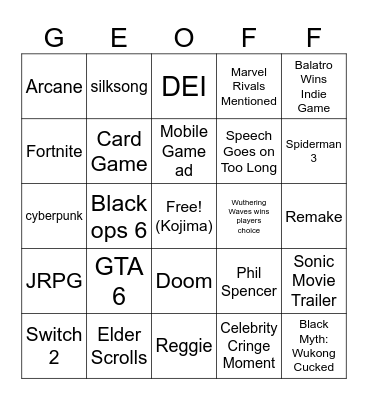 game awards 2024 Bingo Card