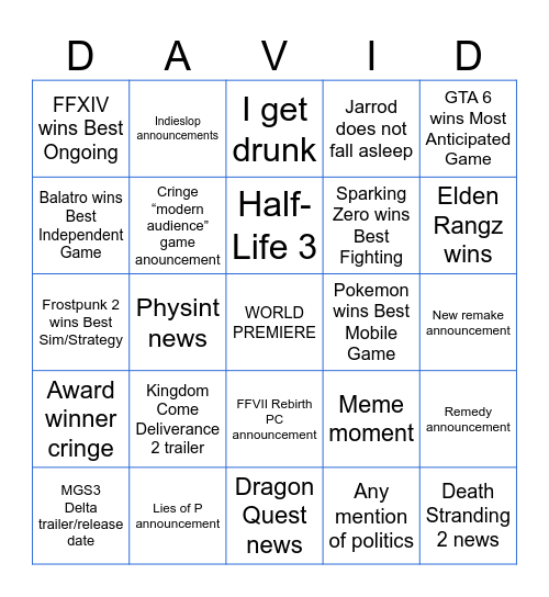 The Fake Game Awards Bingo Card