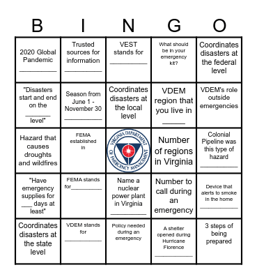 VDEM Emergency Management Bingo Card