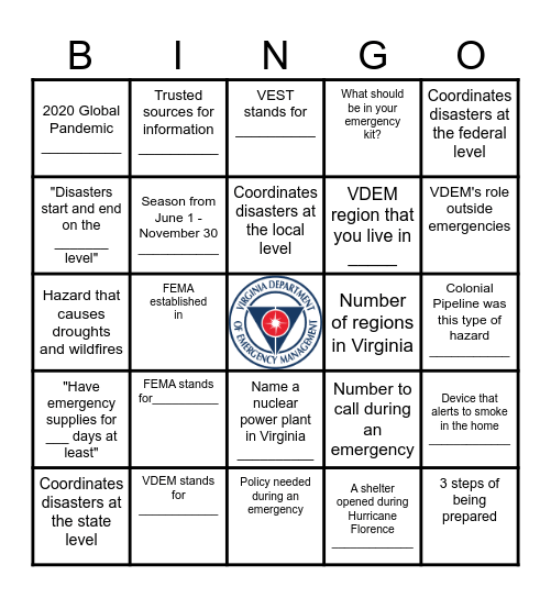 VDEM Emergency Management Bingo Card