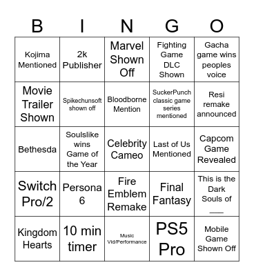 Game Awards 2024 Bingo Card