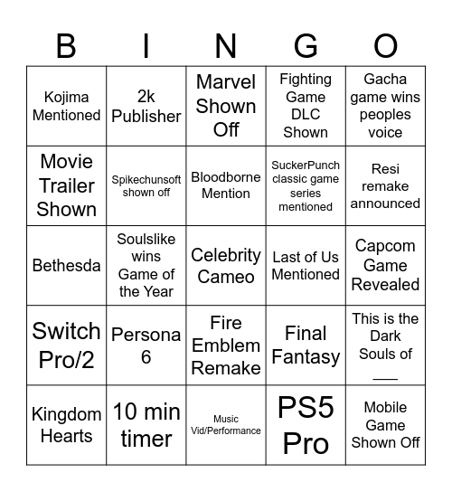 Game Awards 2024 Bingo Card