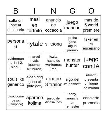 goty de los juegos del año Bingo Card
