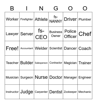 OCCUPATIONS Bingo Card