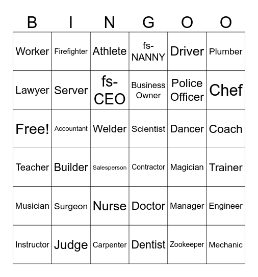 OCCUPATIONS Bingo Card