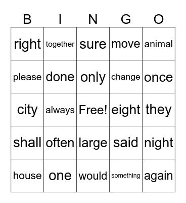 Trick Words Bingo Card