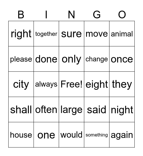 Trick Words Bingo Card