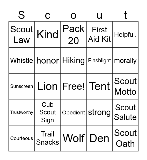 Pack 20 Cub Scouts! Bingo Card