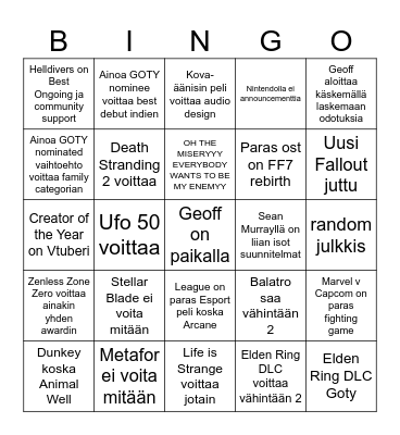 Game Awards Bingo Card
