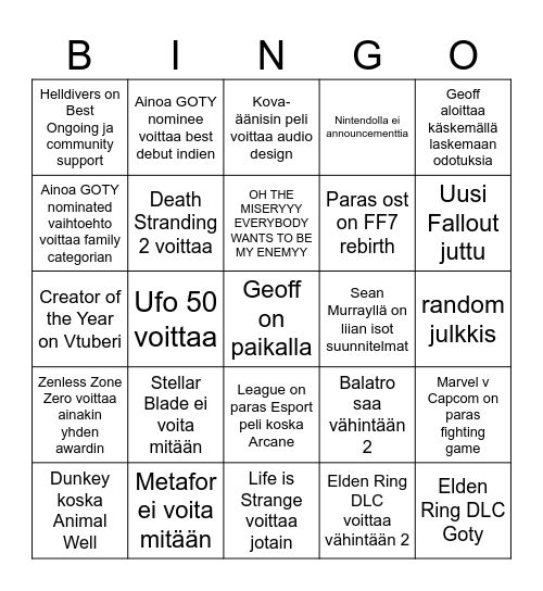 Game Awards Bingo Card