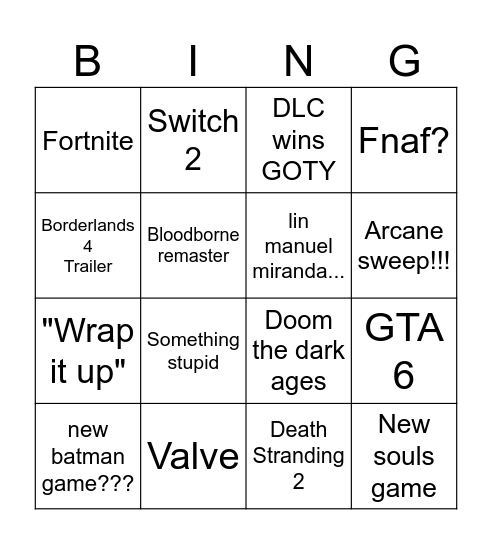 Game Awards Bingo Card