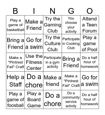 Teen Center Bingo Card