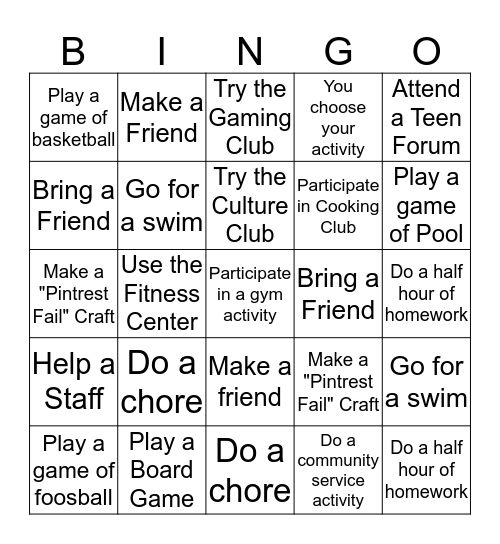 Teen Center Bingo Card