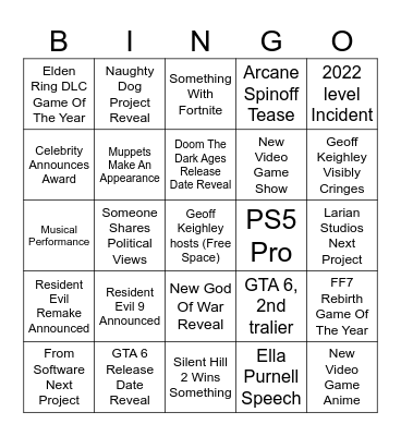 Game Awards 2024 Bingo Card