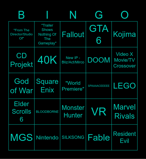 2024 Game Awards Bingo Card