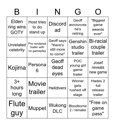 Game Awards Bingo Card