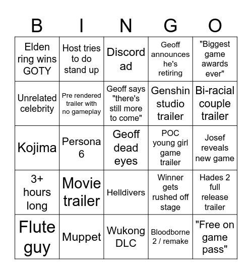 Game Awards Bingo Card