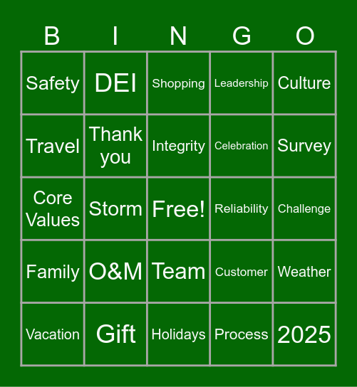 Utility Support Year-End Bingo Card