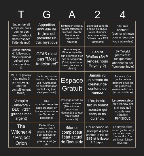 TGA 2024 - Impossible Bingo Card