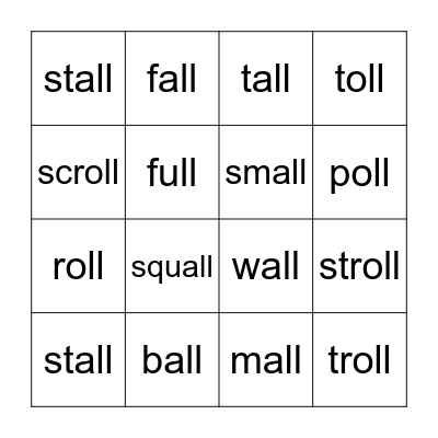 -all, -oll, -ull Words Bingo Card