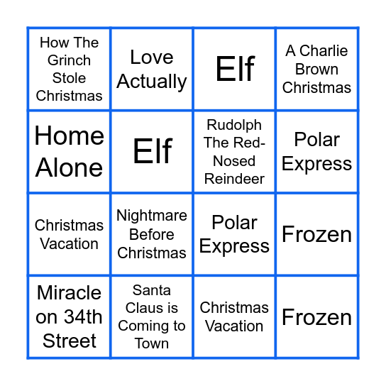 Holiday Movies: Round 2 Bingo Card