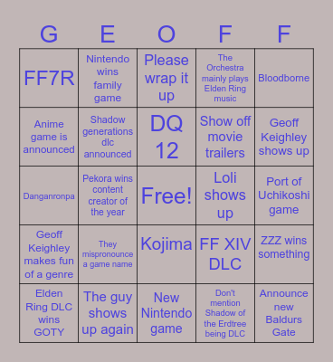 Game Awards Bingo Card