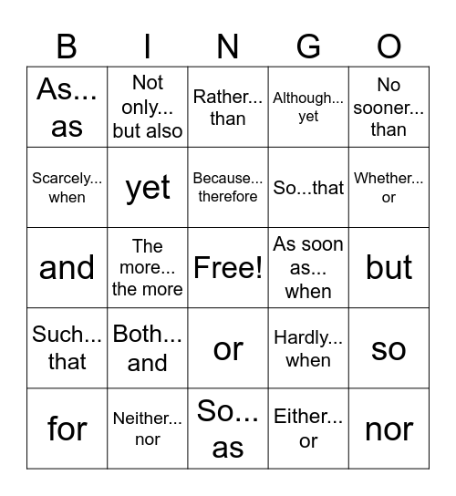 Conjunctions Bingo Card