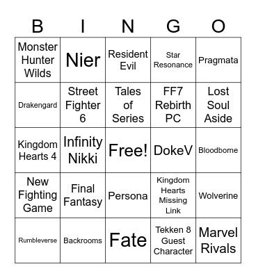 Game Awards 2024 Bingo Card