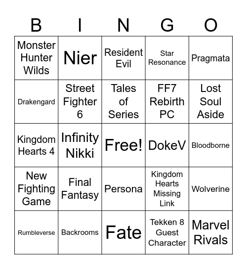 Game Awards 2024 Bingo Card