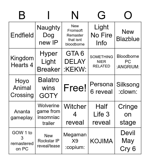 Game Awards 2024 extragavanza Bingo Card