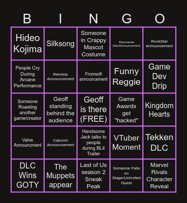 Game Awards Bingo Card