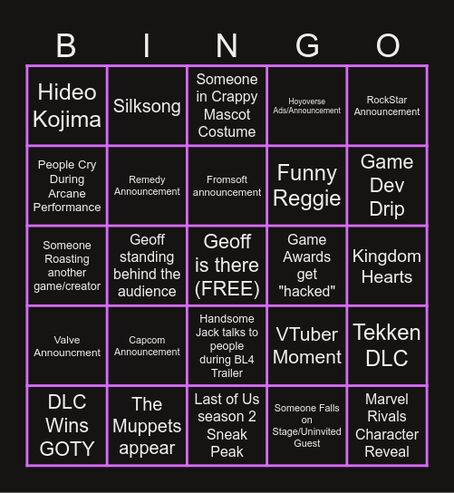 Game Awards Bingo Card