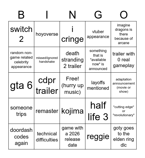 GAME AWARDS 2024 Bingo Card