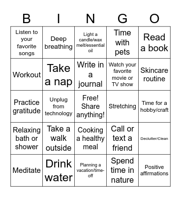 Self-Care Bingo Card