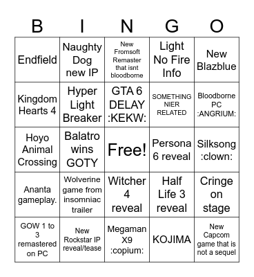 Game Awards 2024 extragavanza Bingo Card