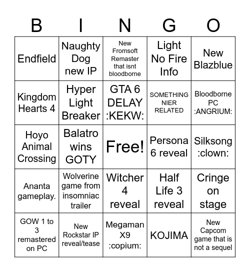 Game Awards 2024 extragavanza Bingo Card