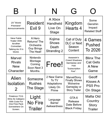 Geoff’s Very Sony Christmas Special Bingo Card