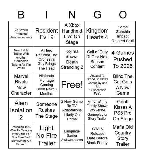 Geoff’s Very Sony Christmas Special Bingo Card