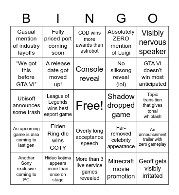 2024 Game Awards Bingo Card