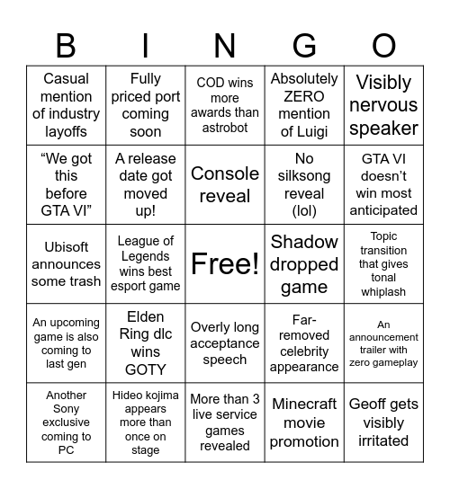 2024 Game Awards Bingo Card
