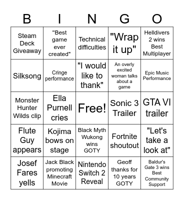 Game Awards 2024 Bingo Card