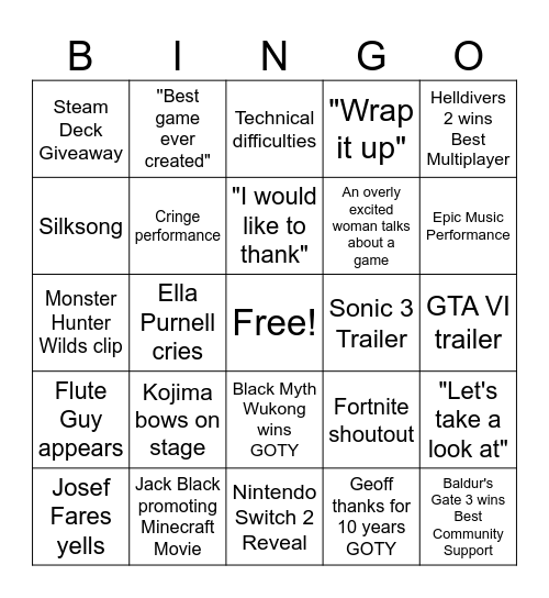 Game Awards 2024 Bingo Card