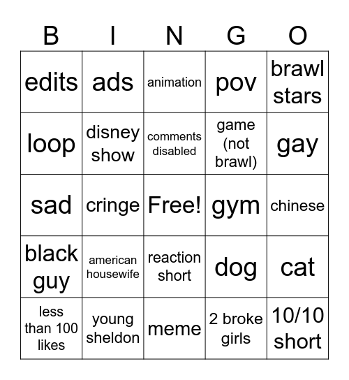 shorts bingo Card