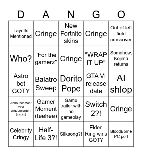 Dango Game Awards Bingo! Bingo Card