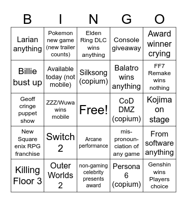 TGA Bingo Card