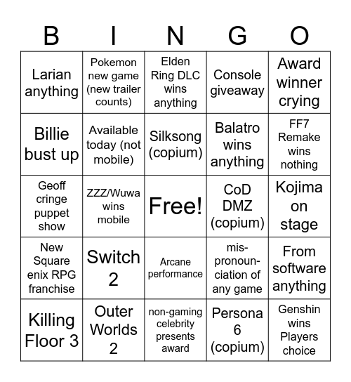 TGA Bingo Card